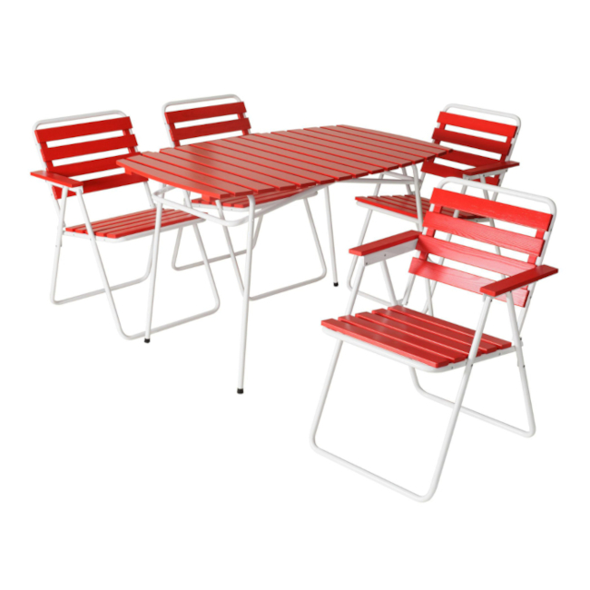 Retro pöytä 403, punavalkoinen Retro tuolien kanssa