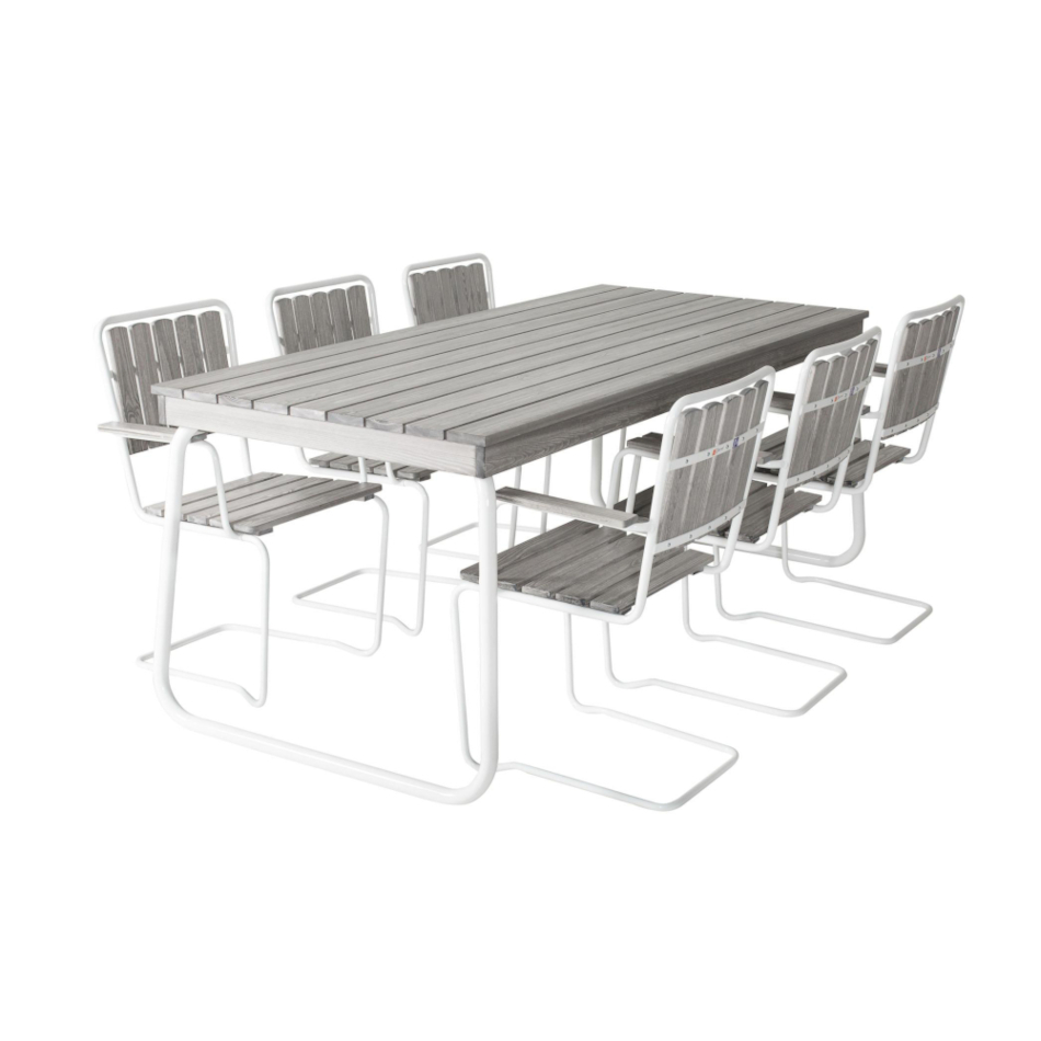 Suvisaari pöytä 190 harmaa/valkoinen tuoleilla