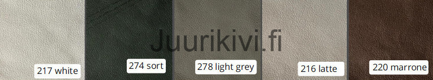 Nahkavärit: 217 White (valkoinen), 274 Sort (musta), 278 Light grey (harmaa), 216 Latte (beige) ja 220 Marrone (ruskea).