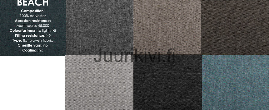 Beach värimallit vasemmalta ylhäältä lähtien: 2380 Grey, 2381 Beige, 2382 Coffee, 2383 Sand, 2384 Atracite, 2385 Indigo.