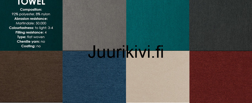 Towel kangasmallit vasemmalta ylhäältä lähtien: 2830 Grey, 2832 Turquoise, 2834 Antracite, 2835 Brown, 2836 Blue, 2837 Beige, 2838 Bordeaux.