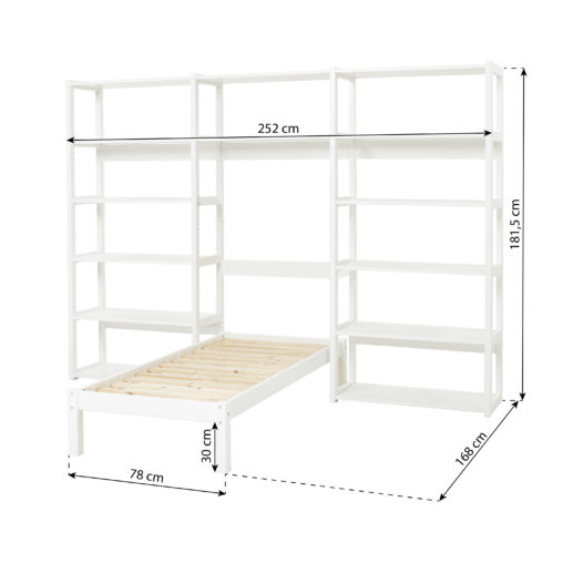 Storey avohylly sängyllä (3osaa/14hyllyä/sänky 70x160) mittakuva