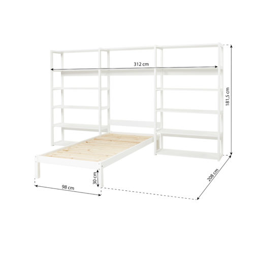 Storey avohylly sängyllä (3osaa/14hyllyä/sänky 90x200) mittakuva