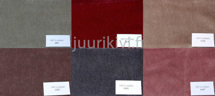 Mohair kangas värit vasemmalta ylhäältä lähtien: 400, 414, 1216, 2203, 9103 ja 5107
