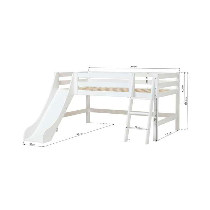 Hoppekids ECO Luxury puolikorkea parvi 120x200 liukumäellä, mittakuva viistotikkaat