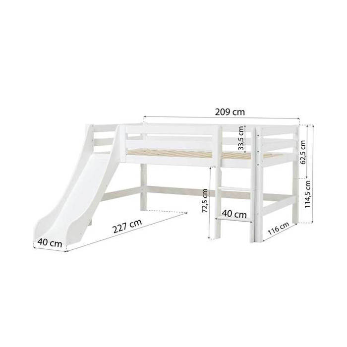 Hoppekids ECO Luxury puolikorkea parvi 120x200 liukumäellä, pystytikkaat, mittakuva pystytikkaat
