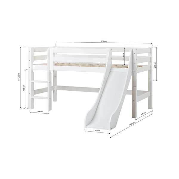 Hoppekids ECO Luxury puolikorkea parvi 90x200 liukumäellä, mittakuva pystytikkaat