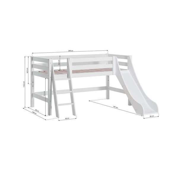Hoppekids ECO Luxury puolikorkea parvi 90x200 liukumäellä, mittakuva viistotikkaat