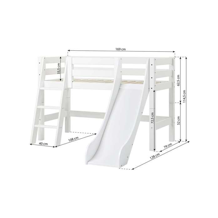 Hoppekids ECO Luxury puolikorkea parvi 70x160 liukumäellä, mittakuva viistotikkaat