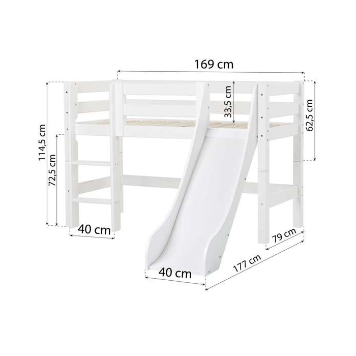 Hoppekids ECO Luxury puolikorkea parvi 70x160 liukumäellä, mittakuva pystytikkaat