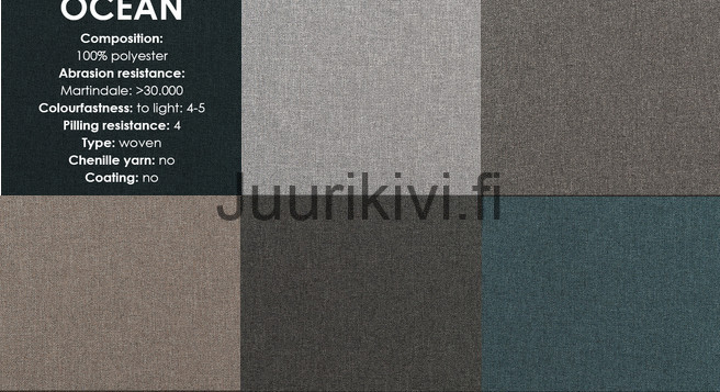 Ocean kangasmallit ylhäältä vasemmalta: 2650-1 Light Grey, 2651-1 Dark Grey, 2652-1 Mole, 2653-1 Graphite, 2654-1 Dark Turquise. 