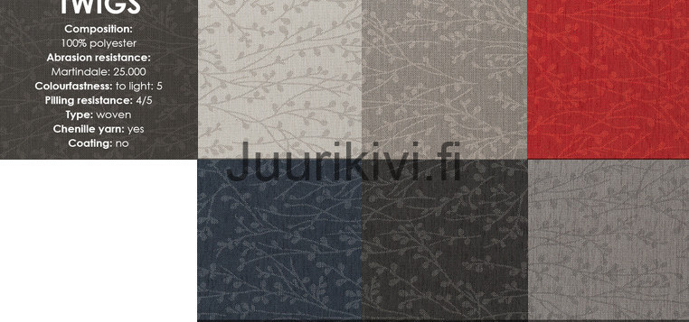 Twings kangasmallit ylhäältä vasemmalta:  2710 Beige, 2711 Light Brown, 2712 Red, 2713 Blue, 2714 Dark Grey, 2715 Light Grey.